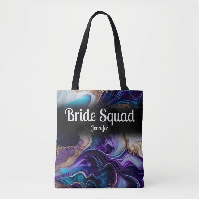 Bolsa Tote Esquadrão de Noiva Roxo, Dourado e Preto Casamento (Frente)