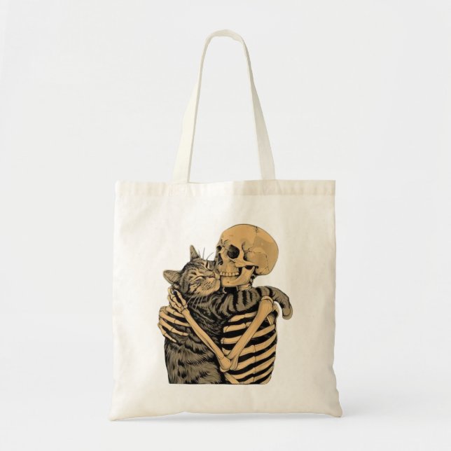 Bolsa Tote Esqueleto Abraçando Gato – Presente Fofo para Aman (Frente)