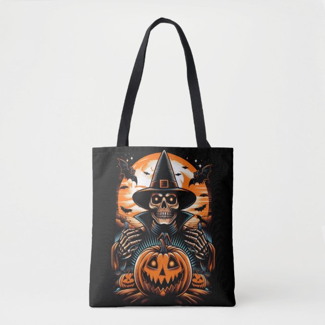 Bolsa Tote Esqueleto Encantador com Jack-O'-Lantern de Hallow (Frente)