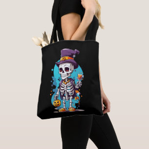 Bolsa Tote Esqueleto engraçado de Halloween usando chapéu alt