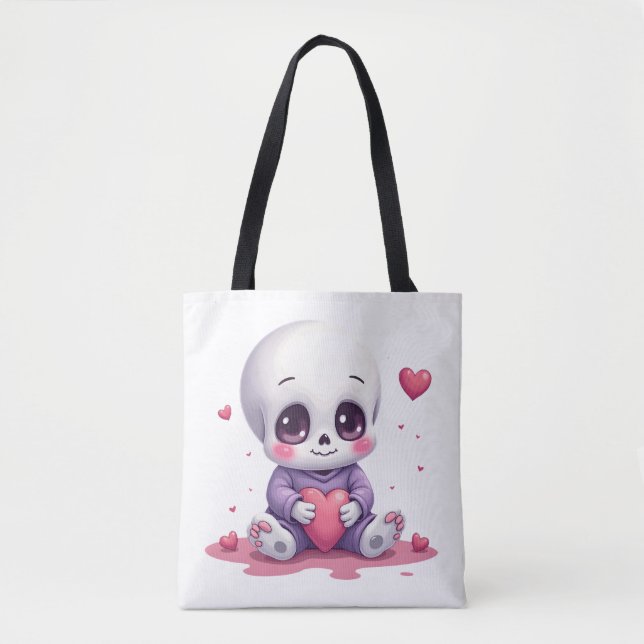 Bolsa Tote Esqueleto Kawaii Segurando Coração (Frente)