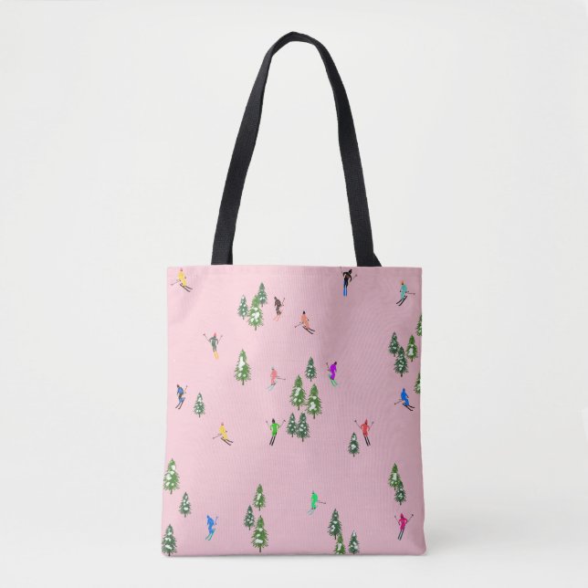 Bolsa Tote Esquiadores cor-de-rosa esquiando no Natal abrindo (Frente)