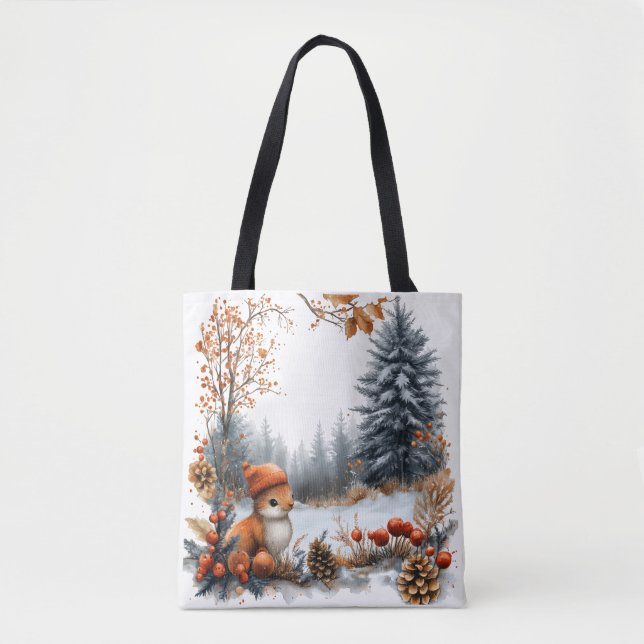 Bolsa Tote Esquilo de Inverno na Floresta Geada (Frente)