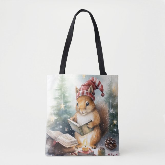 Bolsa Tote Esquilo de Natal lendo (Frente)