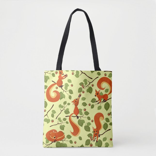 Bolsa Tote Esquilo vermelho em ramos de avelã. (Frente)