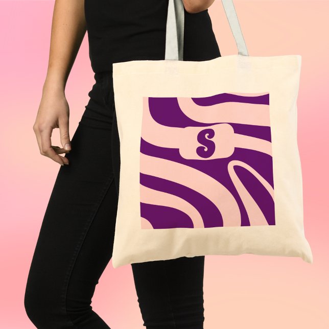 Bolsa Tote Essenciais Vibrações Retrô (Retro Vibes groovy waves pink and purple budget tote bag.)