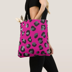 Bolsa Tote Estampa de Onça Rosa Quente com Brilho Prateado