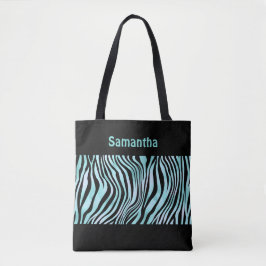 Bolsa Tote Estampa de Zebra em Preto e Turquesa Mo