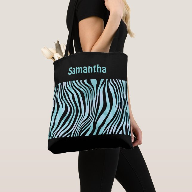 Bolsa Tote Estampa de Zebra em Preto e Turquesa Mo (Close Up)