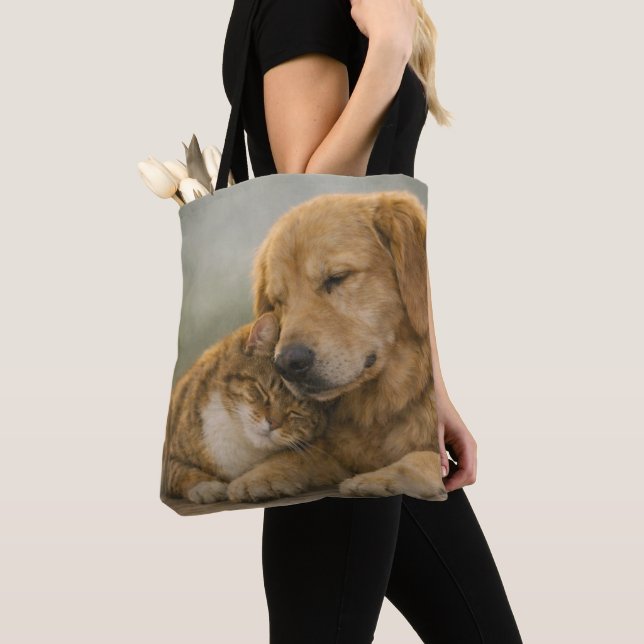 Bolsa Tote Estampada Cachorro & Gato Abraço Aperta (Close Up)