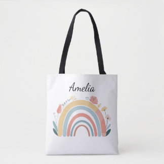 Bolsa tote estampada com floral boho arco-íris