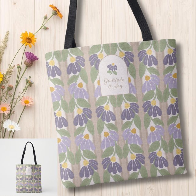 Bolsa Tote Estampada com Flores e Listras Monogram (Personalize this tote with your name & initial on one side and an inspirational  quote on the other.)