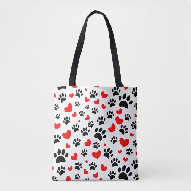 Bolsa Tote Estampas De Cães Aleatórias E Corações Vermelhos (Frente)