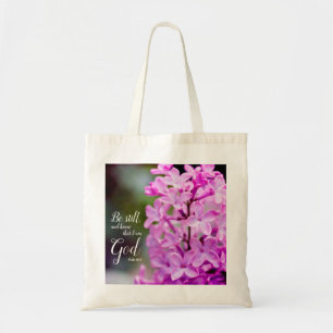 Bolsa Tote Estar Psalm 46:10 Flores Lilases Roxas