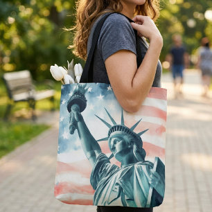 Bolsa Tote Estátua da Liberdade em aquarela com bandeira amer