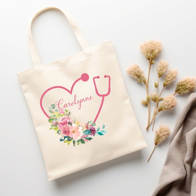 Bolsa Tote Estetoscópio Floral Cor-de-rosa Enfermeira Médica  (Pink Floral Stethoscope Heart Medical Nurse Doctor Tote Bag)