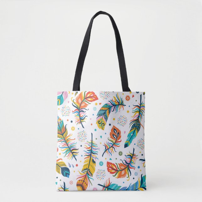 Bolsa Tote Estilo Boho, padrão de pena sem falhas. (Frente)