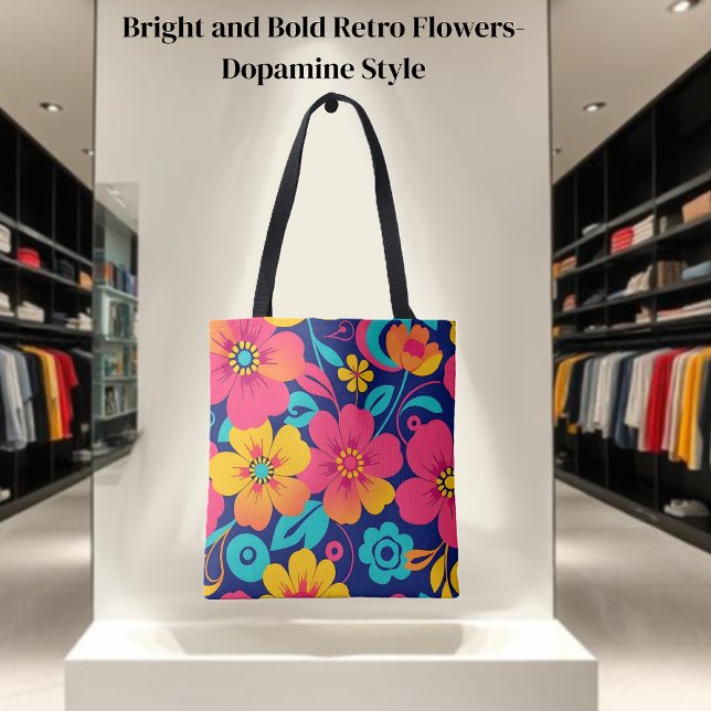 Bolsa Tote Estilo Brilhante e Refletor Negrito - Dopamina (Bright and Bold Retro Flowers-Dopamine Style Tote Bag)