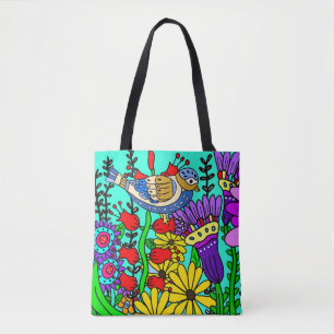 Bolsa Tote Estilo Colorido de Arte Folclórica Pássaro e Flore