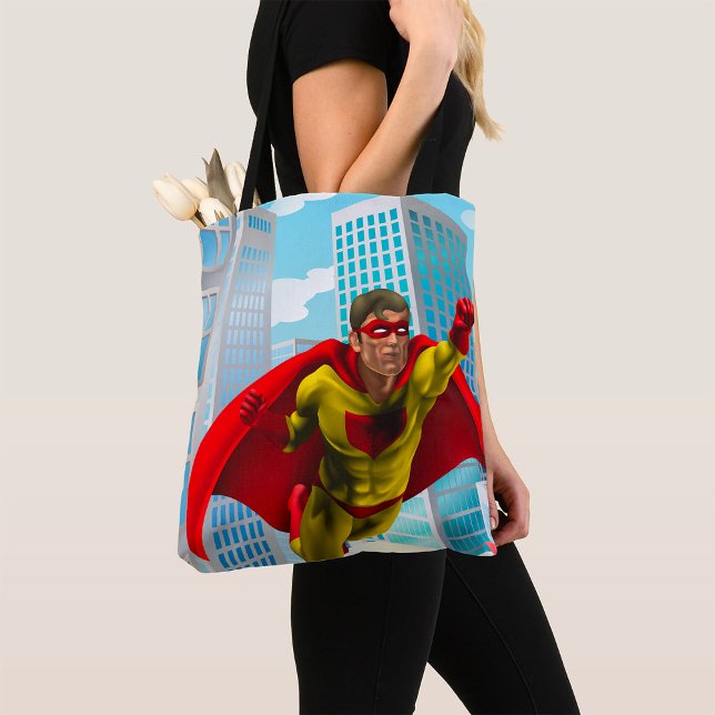 Bolsa Tote Estilo Comic Super Herói Voador Vermelho e Herói A (Criador carregado)