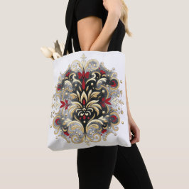 Bolsa Tote Estilo Damasco em Vermelho, Dourado e Preto