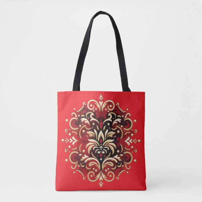 Bolsa Tote Estilo Damask em Vermelho, Dourado e Preto (Frente)