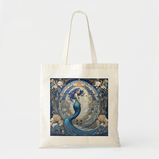 Bolsa Tote Estilo de Deco de Arte Nouveau da Sereia Azul (Frente)