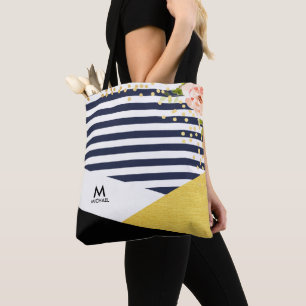 Bolsa Tote Estilo de Estirpe Azul e Folha Floral Moderna de O