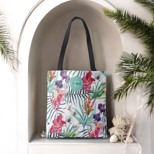 Bolsa Tote Estilo de Ilha Padrão Floral Tropical e Monograma (Criador carregado)