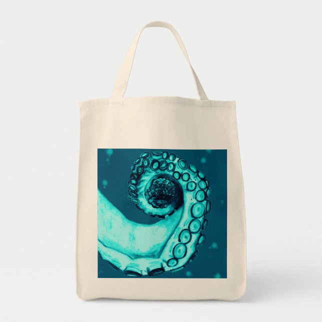 Bolsa Tote Estilo de Tatuagem Náutica Teal Octopus Tentacle B (Frente)