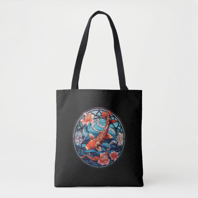Bolsa Tote Estilo de Vidro Asiático Koi Fish e Camellias (Frente)