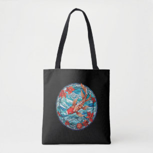 Bolsa Tote Estilo de Vidro Asiático Koi Fish e Camellias