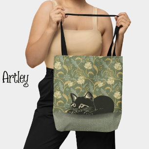 Bolsa Tote Estilo de Vintage Art Nouveau Rest Black Cat Flora