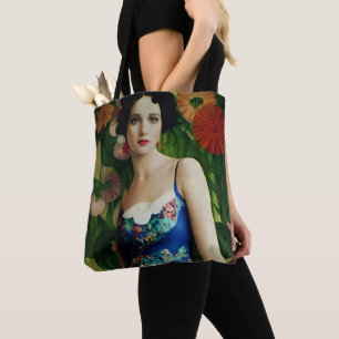 Bolsa Tote Estilo Deco Elegante Mulher com Flores Grandes