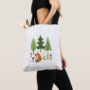 Bolsa Tote Estilo escandinavo Fox Flowers Trees Ilustração