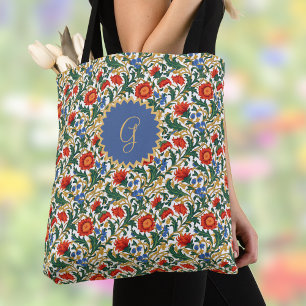 Bolsa Tote Estilo Floral William Morris Azul Vermelho Dourado
