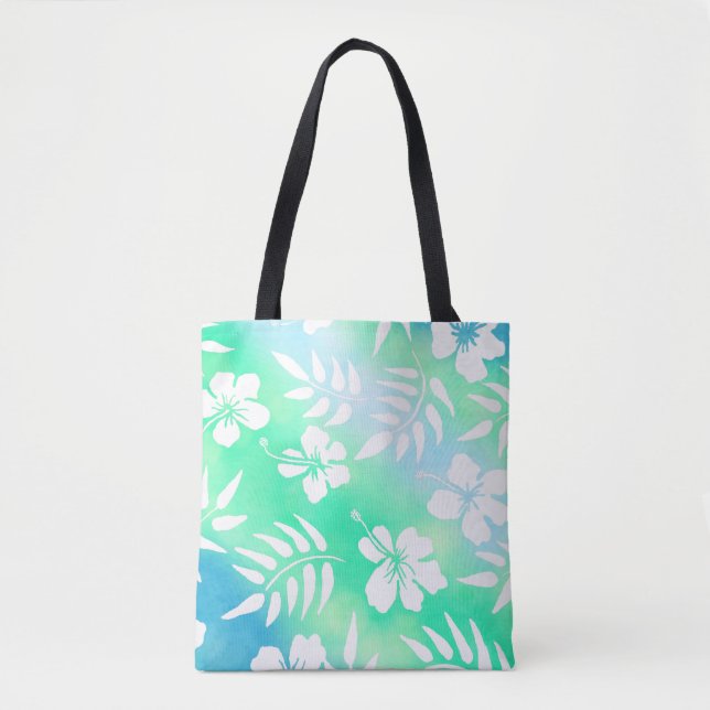 Bolsa Tote Estilo Havaiano Hibiscus Verde e Azul Floral (Frente)