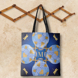 Bolsa Tote Estilo Japonês Azul E Dourado