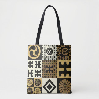 Bolsa Tote estilo japonês, padrões sem costura de ouro preto.