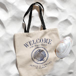 Bolsa Tote Estilo Náutico Vintage SeaShell Personalizado Bem-<br><div class="desc">Um conjunto único de sacos de tote personalizados, adaptados ao seu estilo de praia ou ao seu casamento de destino. Apresenta um texto de boas-vindas seguido do nome do local ou da pessoa que recebe o saco. Sob isso, há uma camada de estilo de vintage no marinho de cores. Todos...</div>