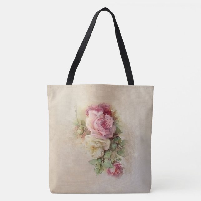 Bolsa Tote Estilo pintado à mão Pintos, pintura rosa e rosas  (Frente)