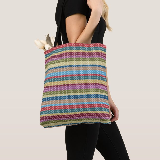 Bolsa Tote Estilo Tricotado de Listras Multicoloridas (Close Up)