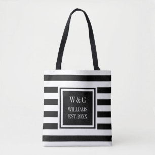 Bolsa Tote Estiloso Monograma Listrado Preto e Branco Tendênc