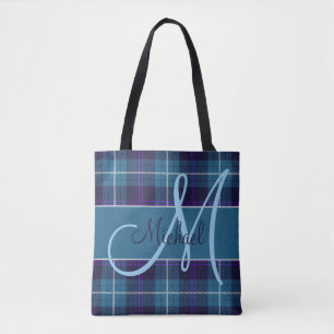 Bolsa Tote Estiloso Xadrez Azul Tartan Moderno Nome Personali