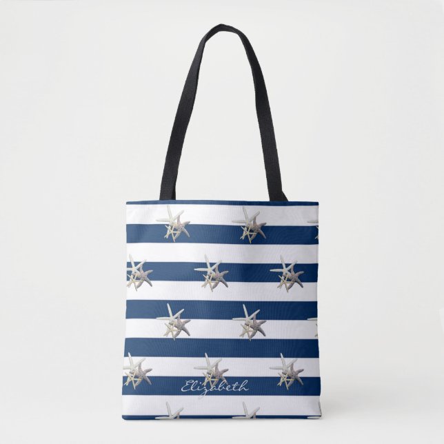 Bolsa Tote Estrela-do-Mar Adorável,Listras Azul-Marinho-Perso (Frente)