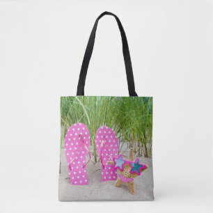 Bolsa Tote estrela do mar e flip-flops na areia