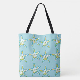 Bolsa Tote Estrela do mar e praia floral do verão do aqua do