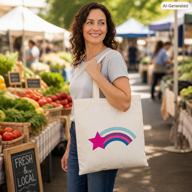 Bolsa Tote Estrela Retro Pastel e Arco-íris (A tote bag with a pink star and a pink, blue and purple rainbow)