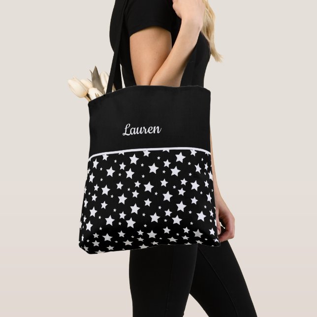 Bolsa Tote Estrelas brancas em nome preto e personalizado (Close Up)