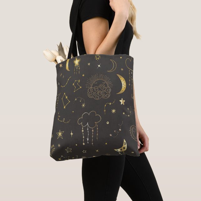 Bolsa Tote Estrelas Celestiais de Ouro, Lua e Constelações (Close Up)